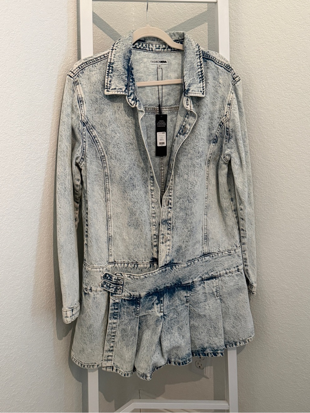 Fashion Nova Light Acid Wash Denim Dress Jacket/Romper - Light Blue